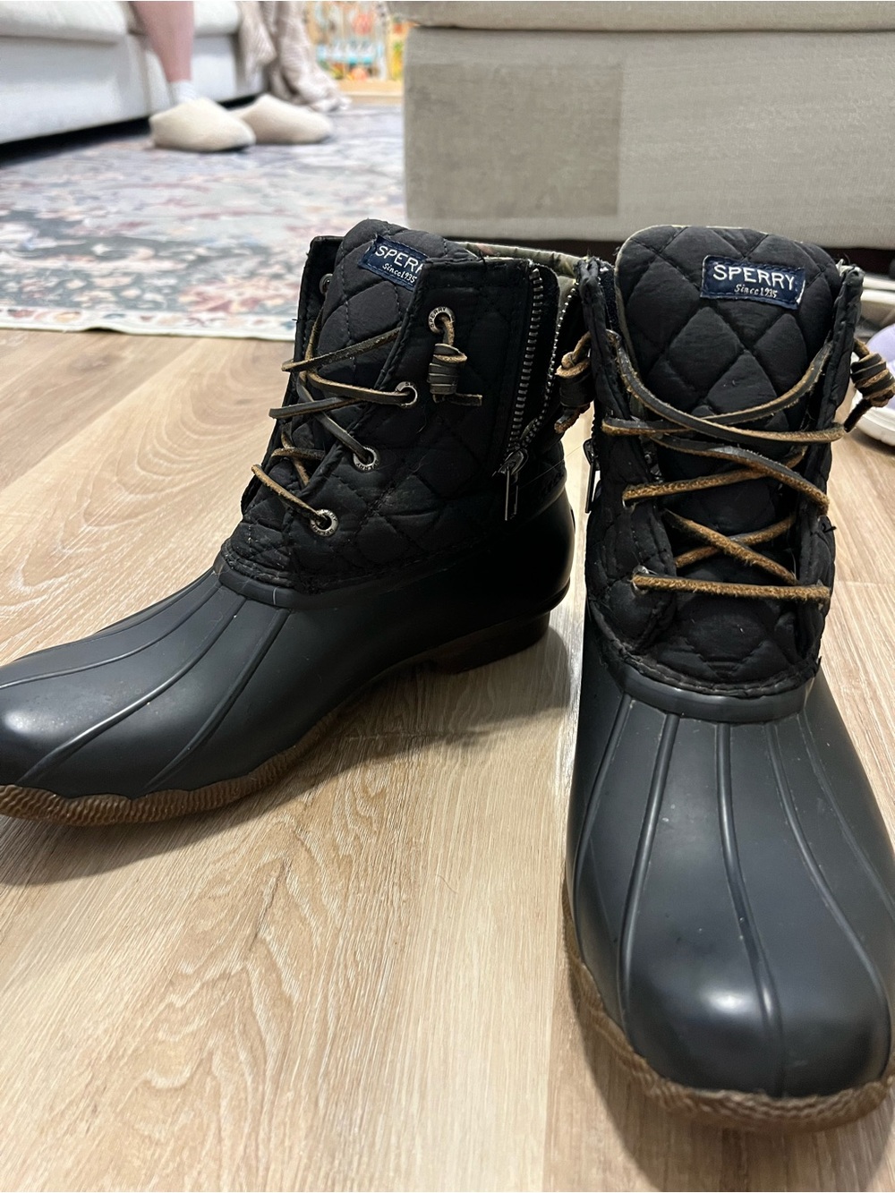 Sperry Black Quilted Waterproof Duck Boots with Brown Laces